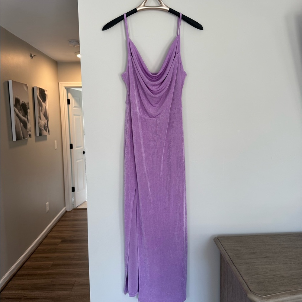 Elegant Purple Midi Dress with Cowl Neck and Slit